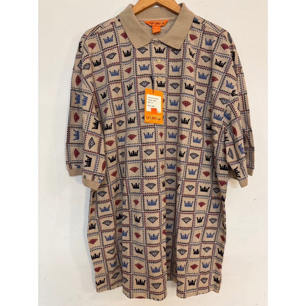 Trust USA Mens Khaki Tan Crown Diamond All Over Print Polo Shirt NWT 3XL